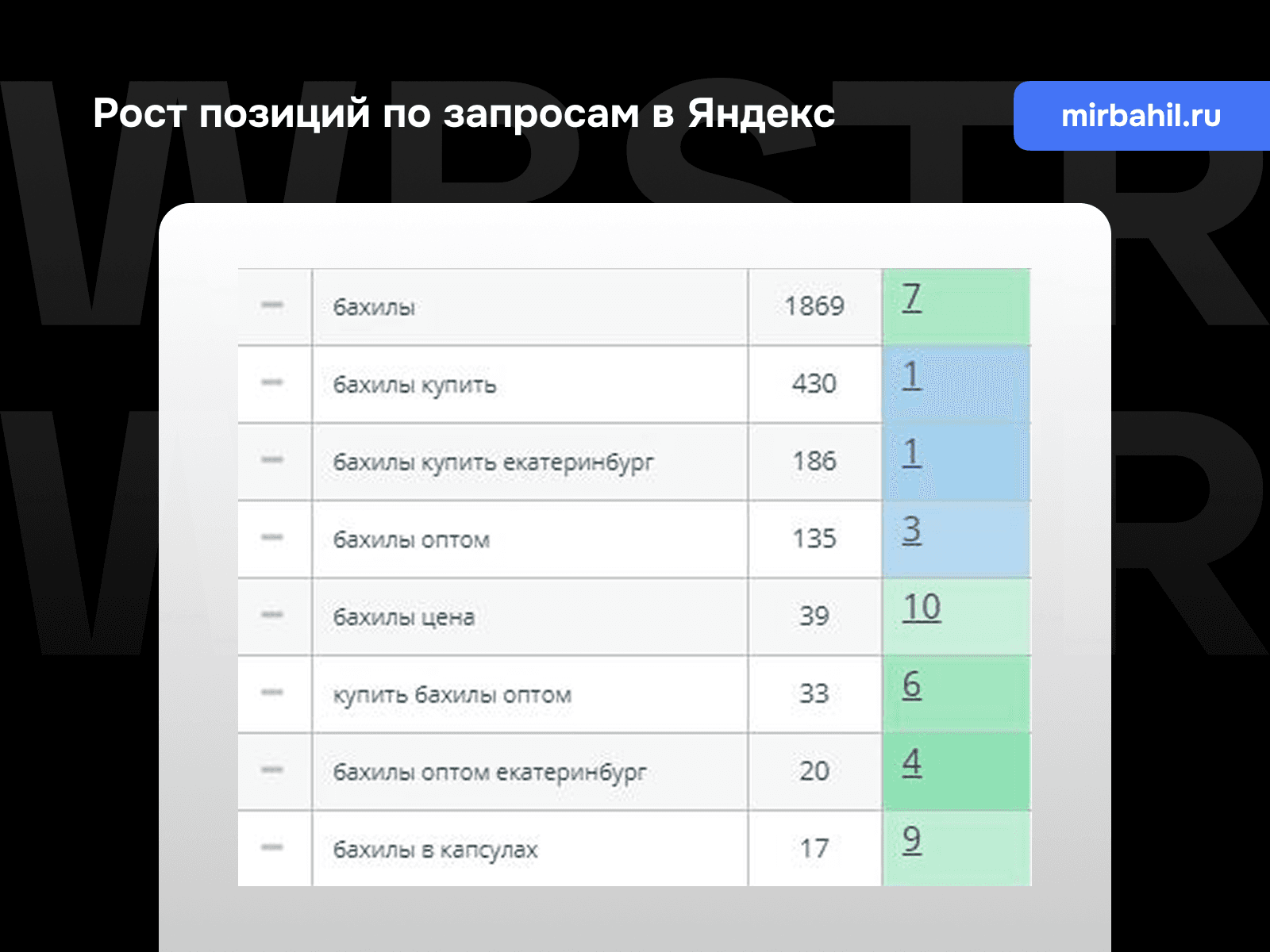 Позиции по запросам Яндекс для проекта «Мир бахил»